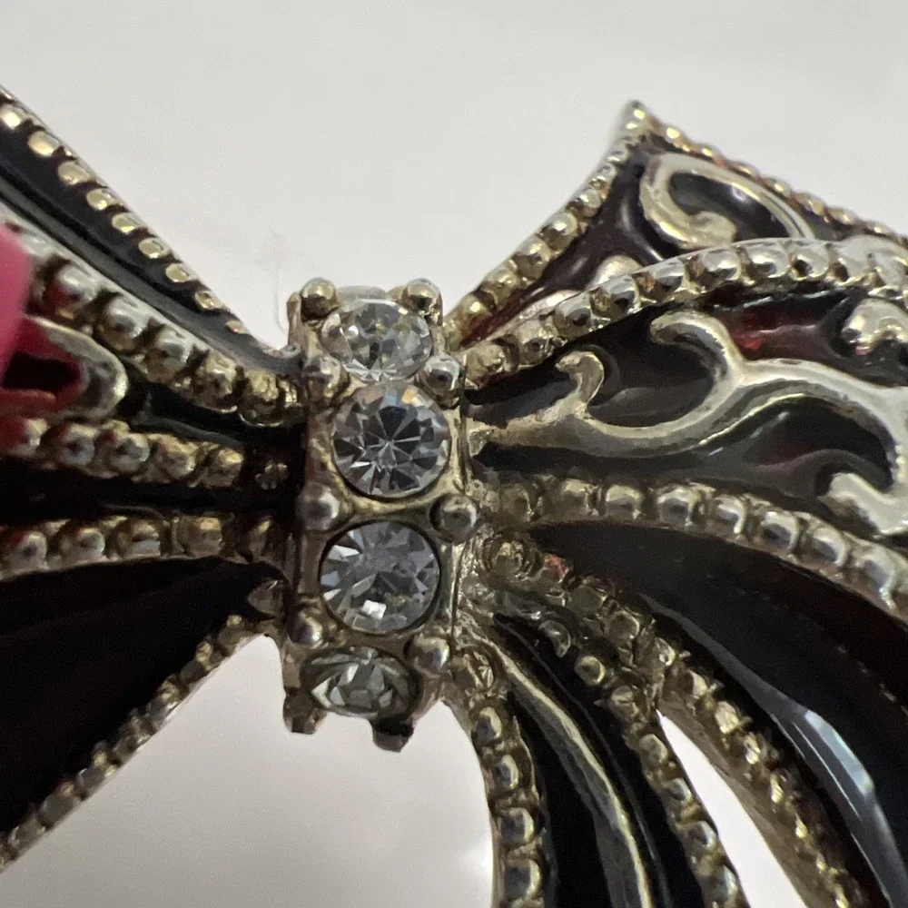 Vintage Monet‎ Bow Brooch Pin Red Enamel Rhinestone Silver Tone Signed